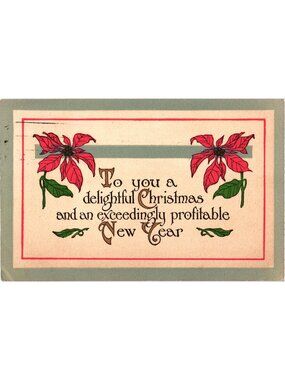 Vintage 1914 Christmas-New Year Greeting Postcard Poinsettia Theme Gibson Lines